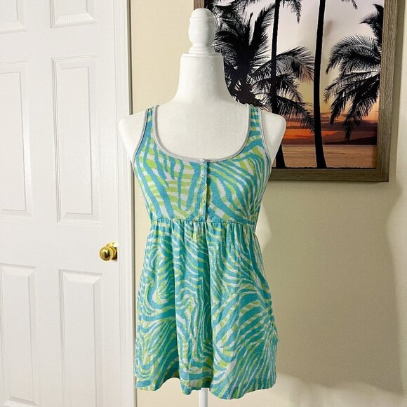Lilu Tank Top | Blue & Green Zebra Print | Size Medium | 100% Cotton | Y2K - Picture 1 of 7